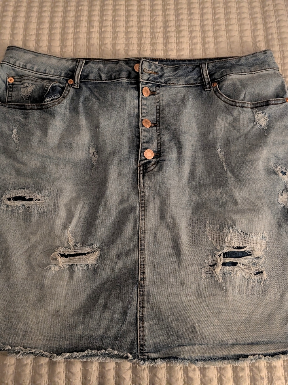 Distressed Light Blue Denim Mini Skirt - Casual Button-Front